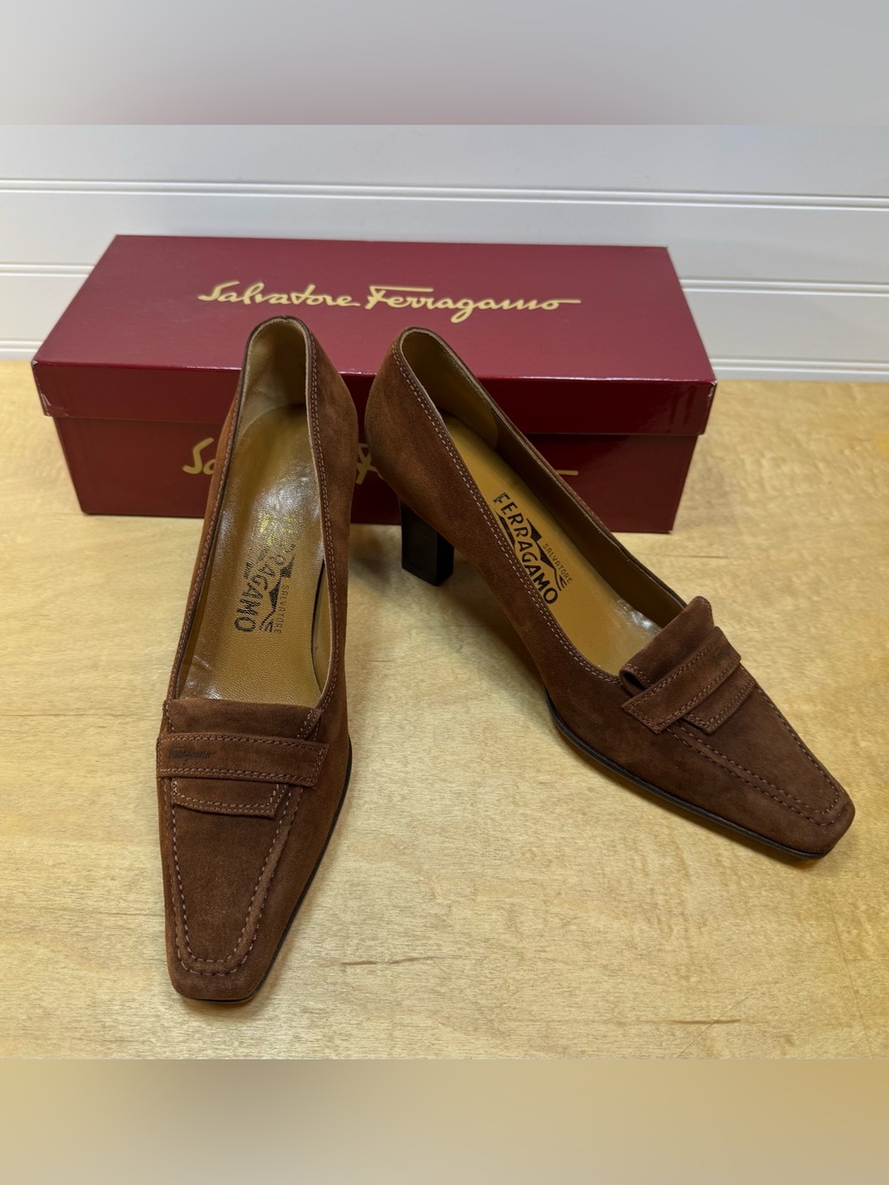 Salvatore Ferragamo Brown Suede Loafer Pump with Block Heel